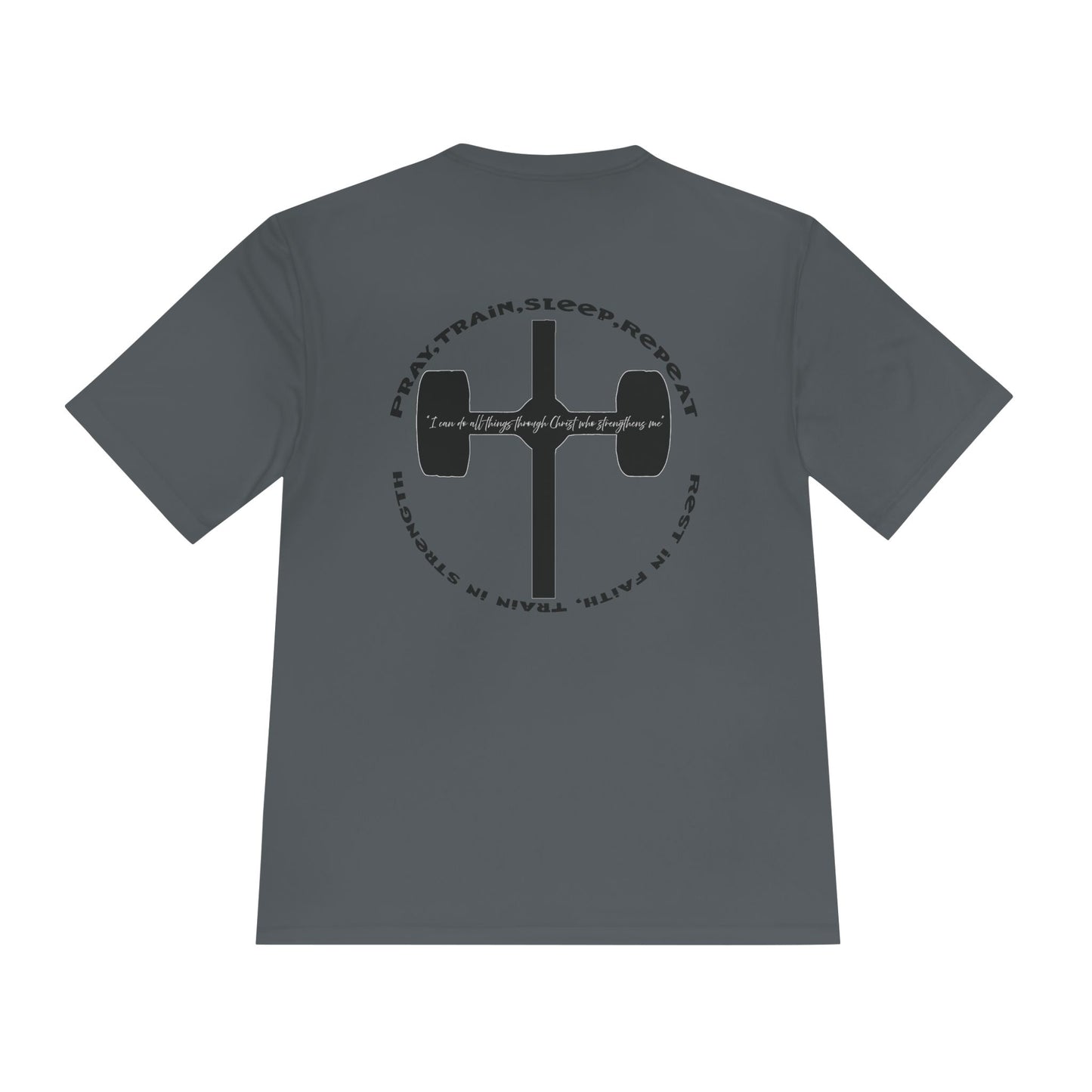 Men's black moisture-wicking performance tee with 'Pray, Train, Sleep, Repeat' text and barbell-cross graphic, Christian fitness apparel.

