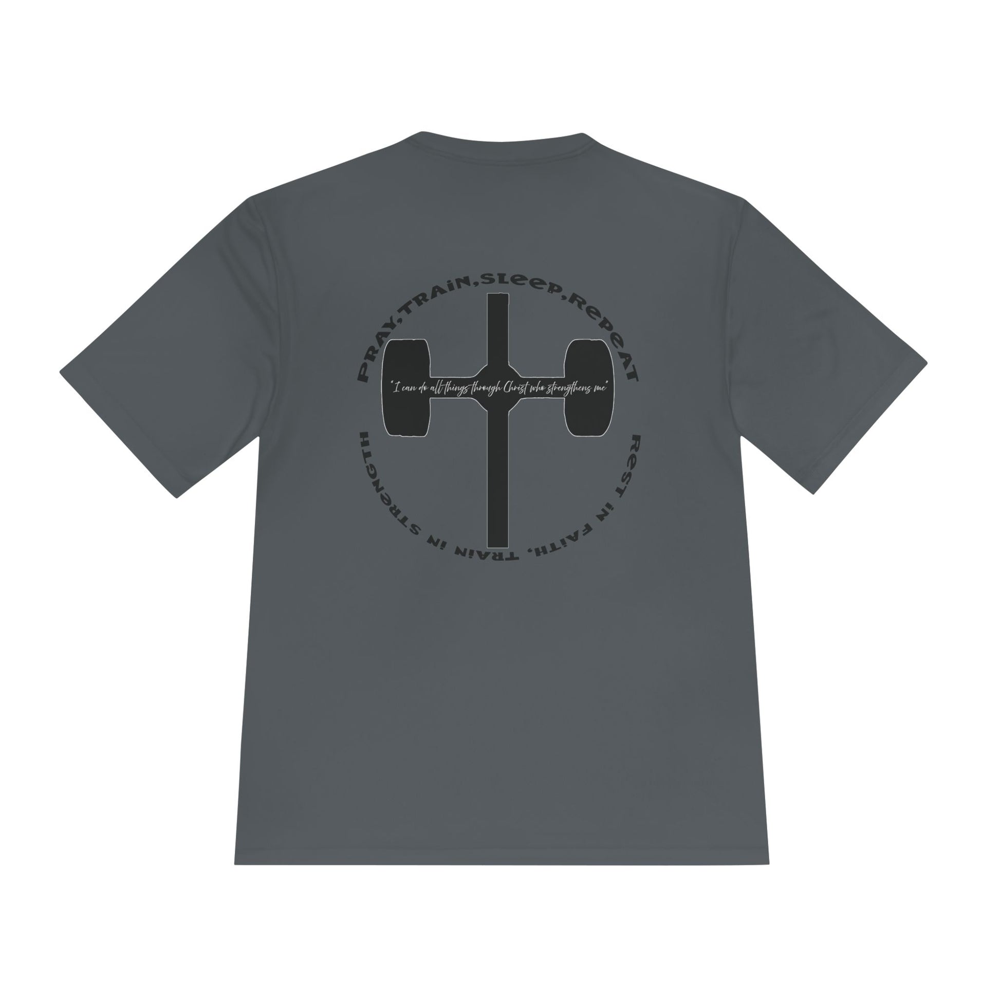 Men's black moisture-wicking performance tee with 'Pray, Train, Sleep, Repeat' text and barbell-cross graphic, Christian fitness apparel.

