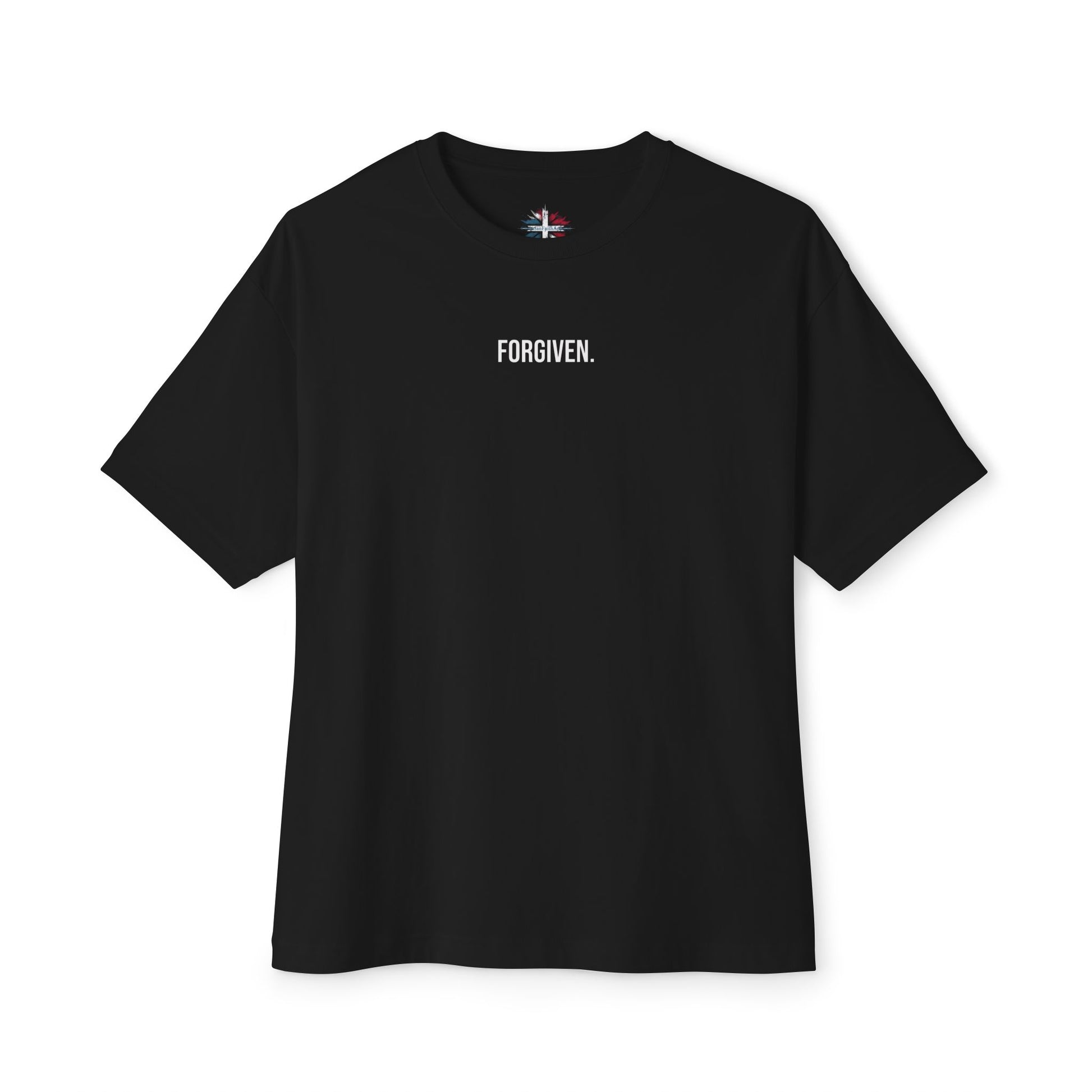 Close-up of Forgiven Still Dangerous Christian streetwear tee in black showing high-neck Forgiven text placement.