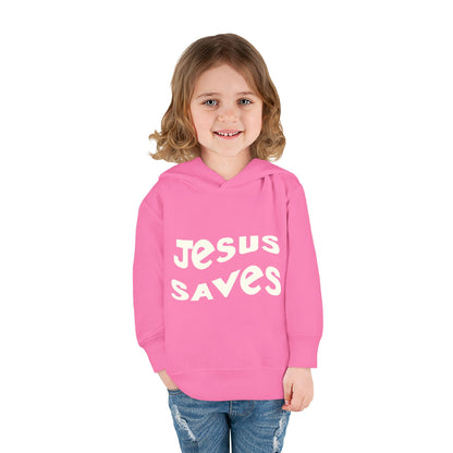 Kids' hoodie with 'Jesus Saves' text and cross graphic, vibrant Christian faith apparel for children.