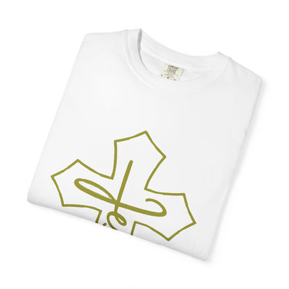 White t-shirt with a green logo on a white background