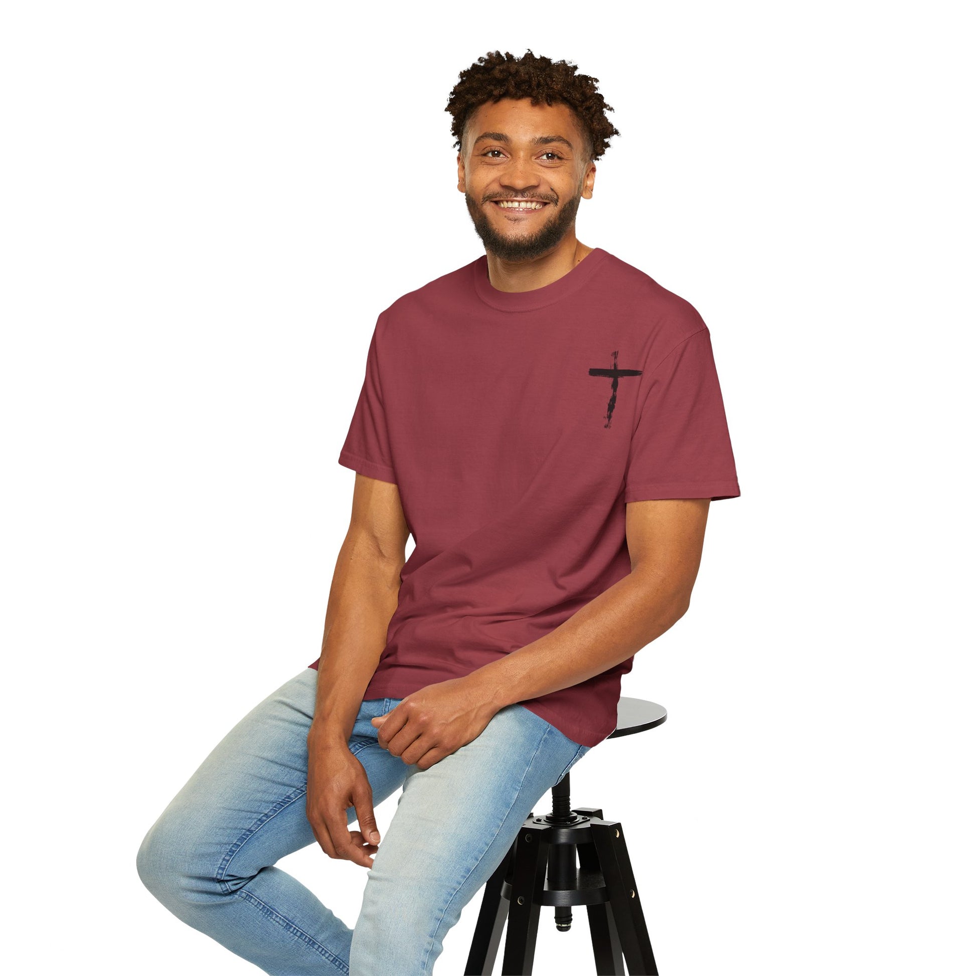 Men's white T-shirt with black cross and John 3:16 Bible verse, Christian faith apparel.

