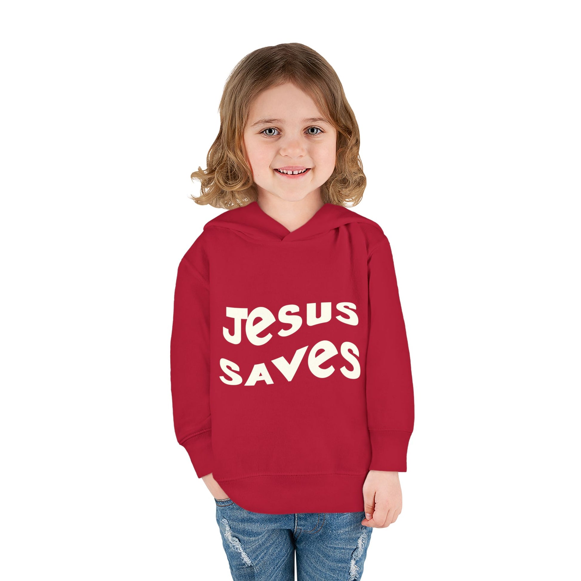 Kids' hoodie with 'Jesus Saves' text and cross graphic, vibrant Christian faith apparel for children.