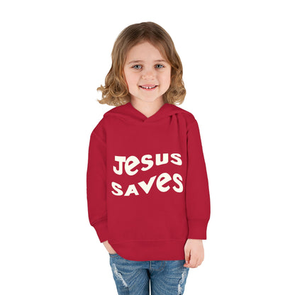 Kids' hoodie with 'Jesus Saves' text and cross graphic, vibrant Christian faith apparel for children.