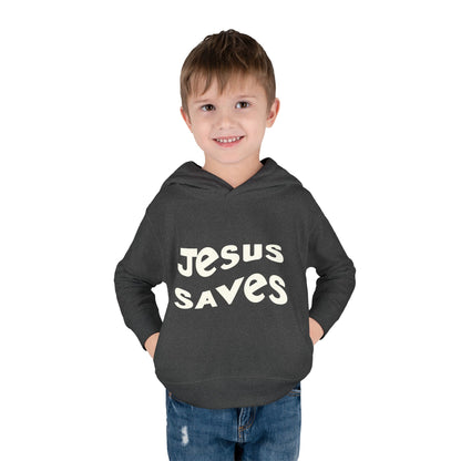 Kids' hoodie with 'Jesus Saves' text and cross graphic, vibrant Christian faith apparel for children.