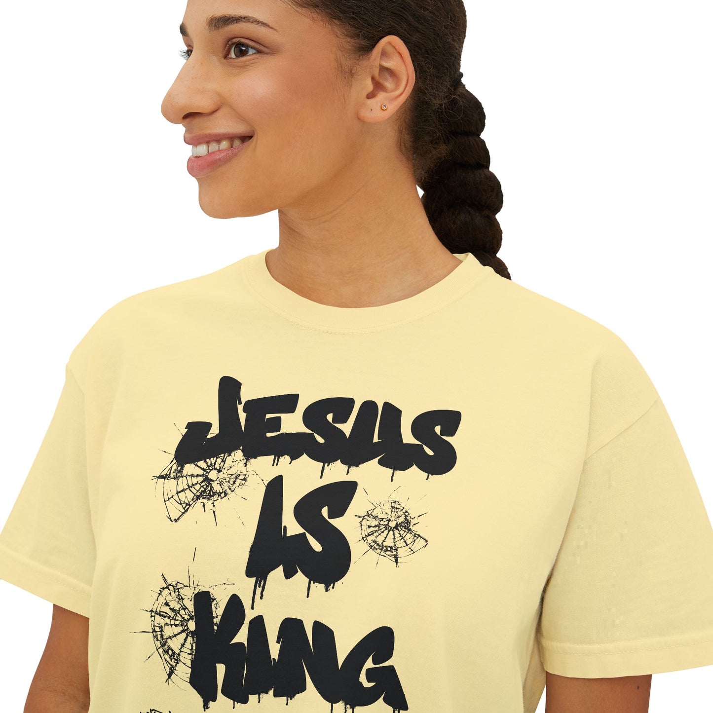 Warrior in Jesus Is King pink tee repping forgiven and dangerous faith

