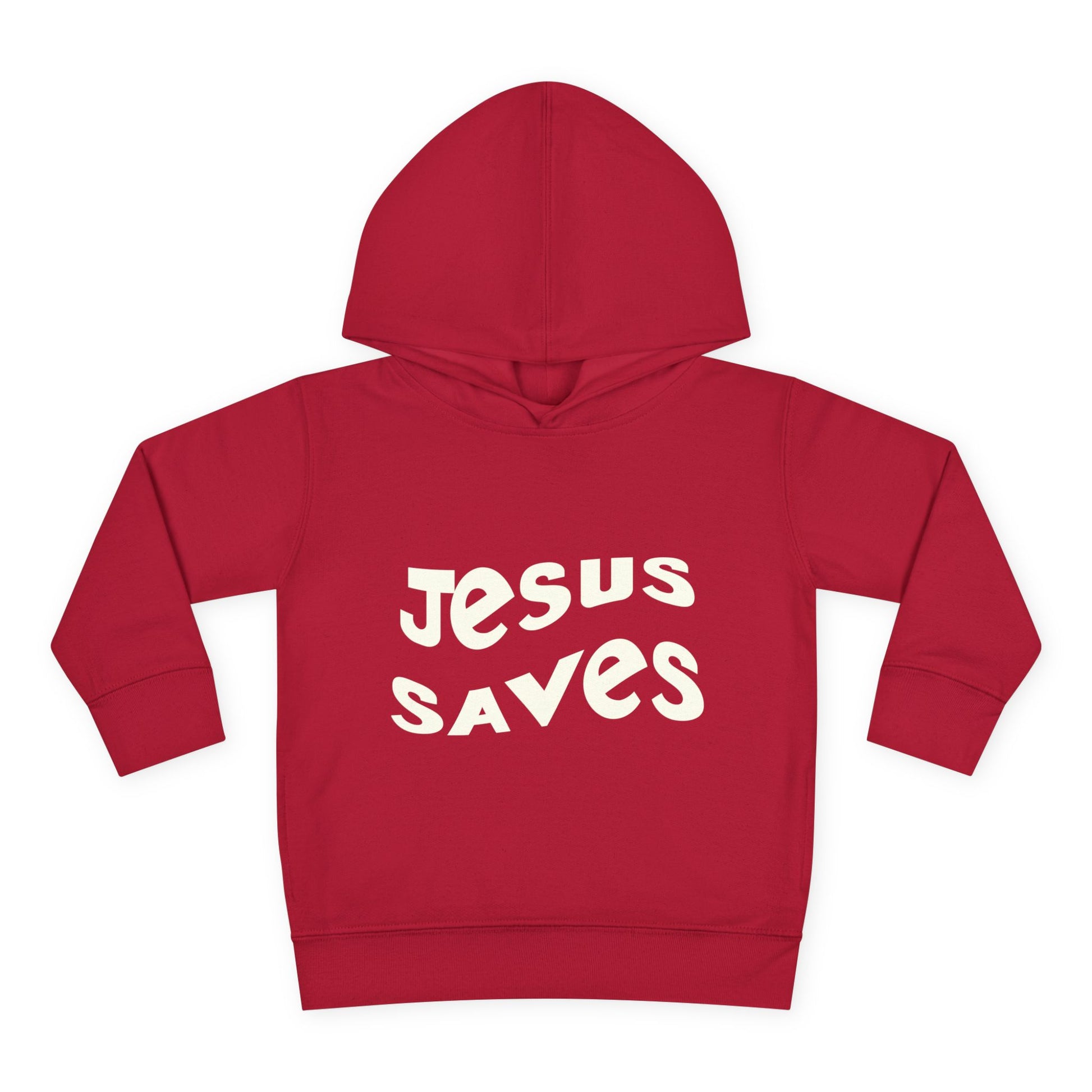Kids' hoodie with 'Jesus Saves' text and cross graphic, vibrant Christian faith apparel for children.