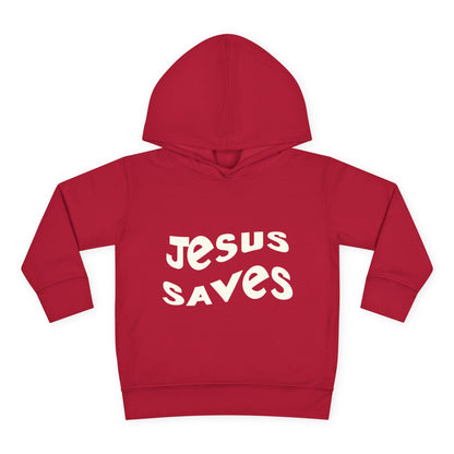 Kids' hoodie with 'Jesus Saves' text and cross graphic, vibrant Christian faith apparel for children.