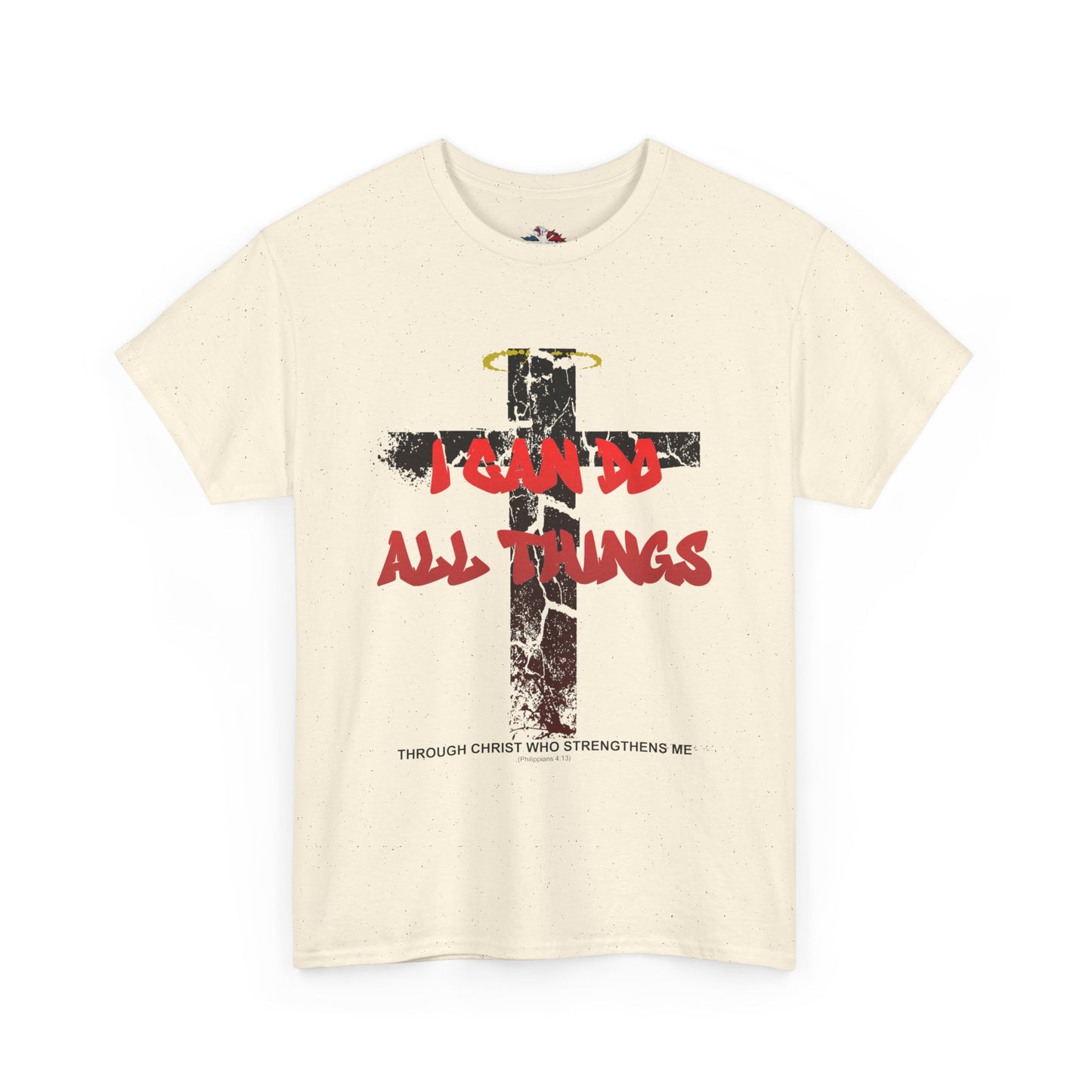 Shattered Cross Graffiti Philippians 4:13 Christian t-shirt with red distressed text integrated into cracked cross  

