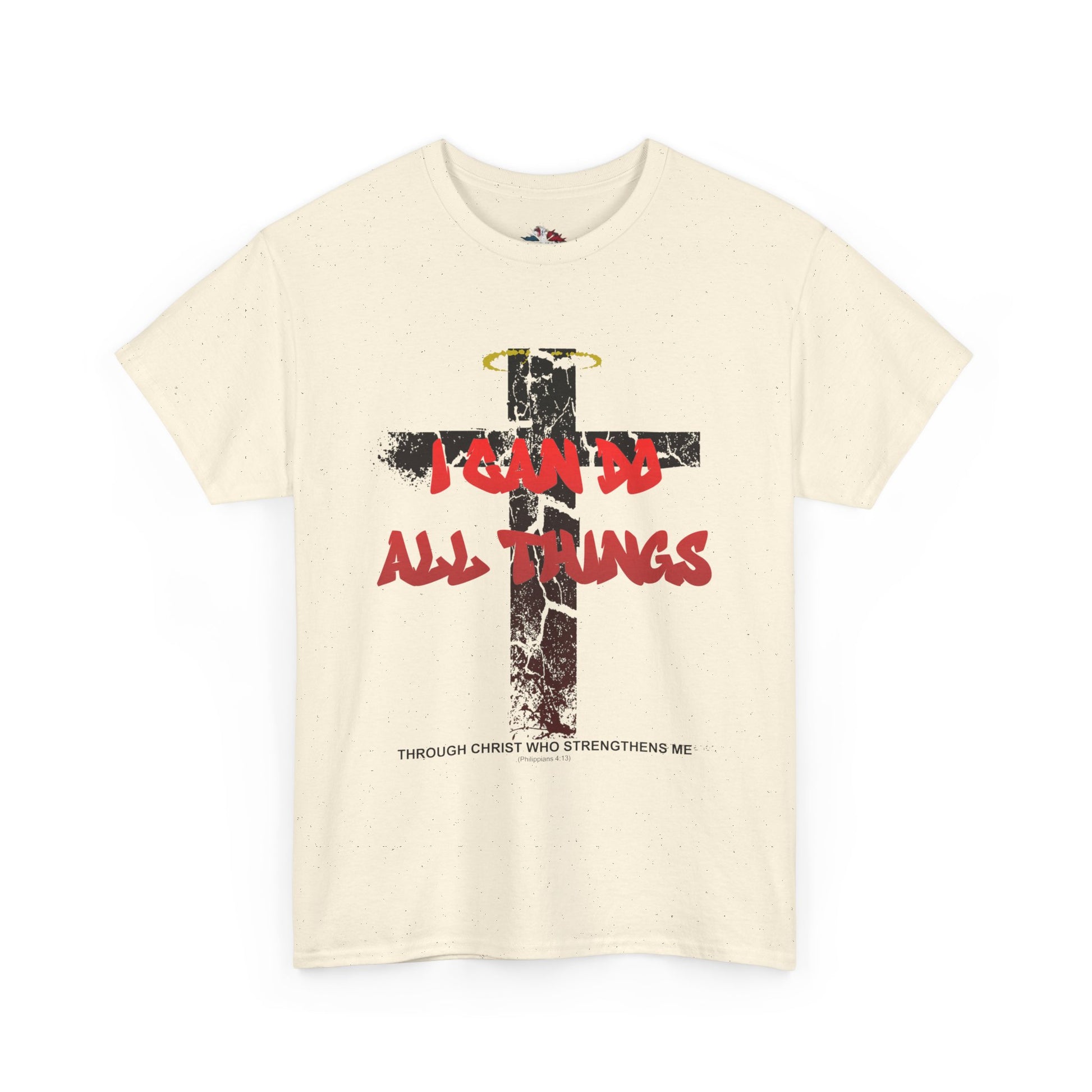 Shattered Cross Graffiti Philippians 4:13 Christian t-shirt with red distressed text integrated into cracked cross  

