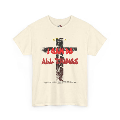 Shattered Cross Graffiti Philippians 4:13 Christian t-shirt with red distressed text integrated into cracked cross  


