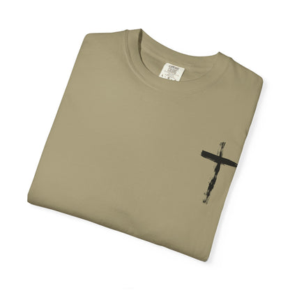 Men's white T-shirt with black cross and John 3:16 Bible verse, Christian faith apparel.

