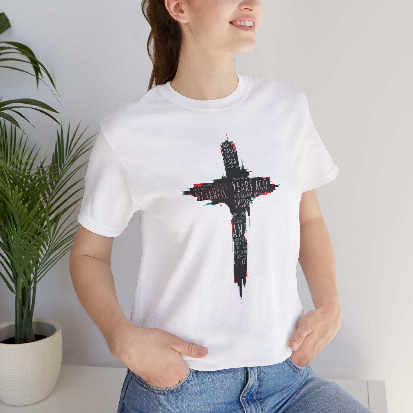 Glitched Cross Christian T-Shirt | Minimalist Bible Verse Grace Tee | Edgy Cyber Faith Streetwear | 2 Corinthians 12:9 Glitch Art