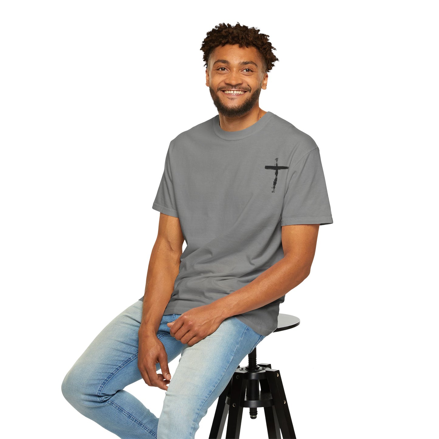 Men's white T-shirt with black cross and John 3:16 Bible verse, Christian faith apparel.

