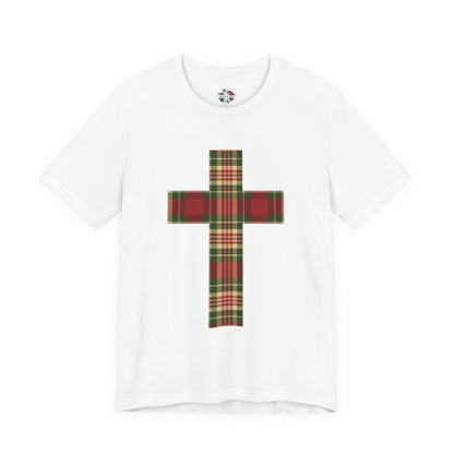 Plaid Cross Christmas Tee – Rustic Faith Holiday T-Shirt
