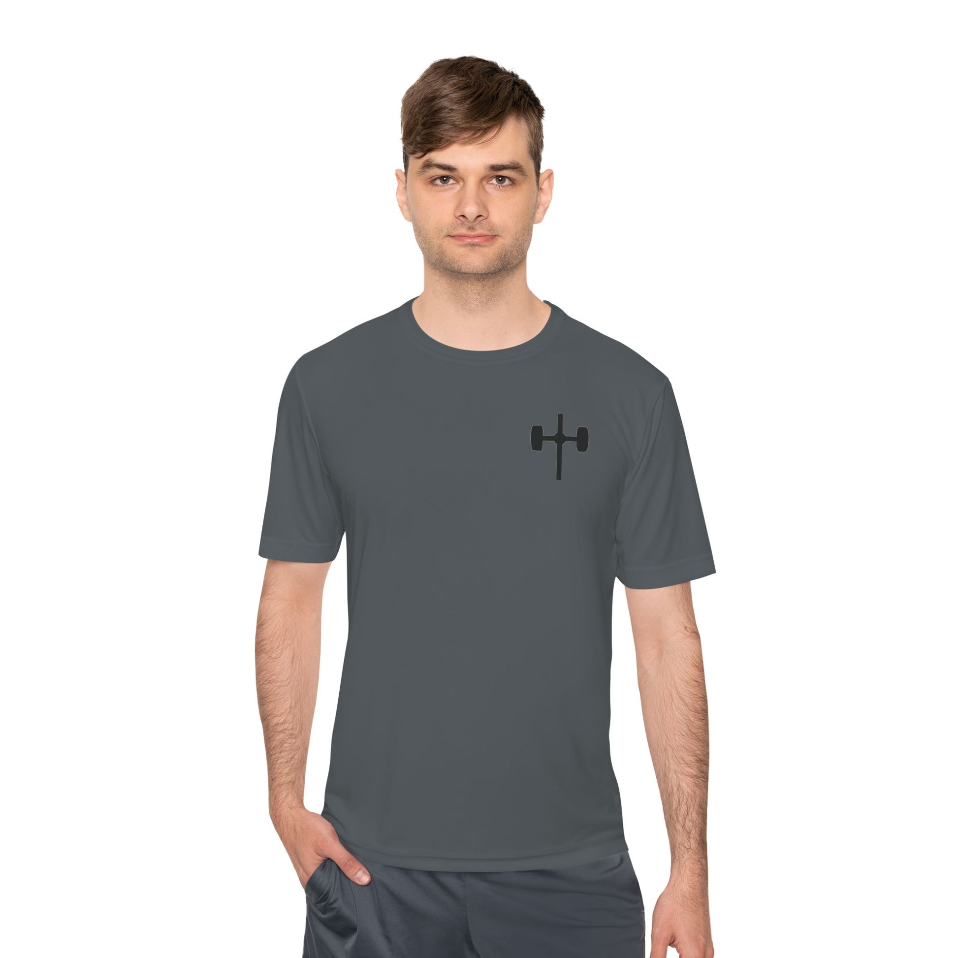 Men's black moisture-wicking performance tee with 'Pray, Train, Sleep, Repeat' text and barbell-cross graphic, Christian fitness apparel.

