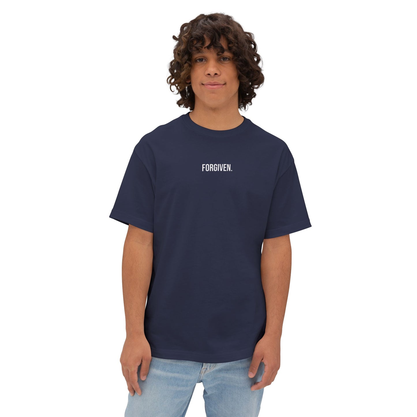 Close-up of Forgiven Still Dangerous Christian streetwear tee in black showing high-neck Forgiven text placement.