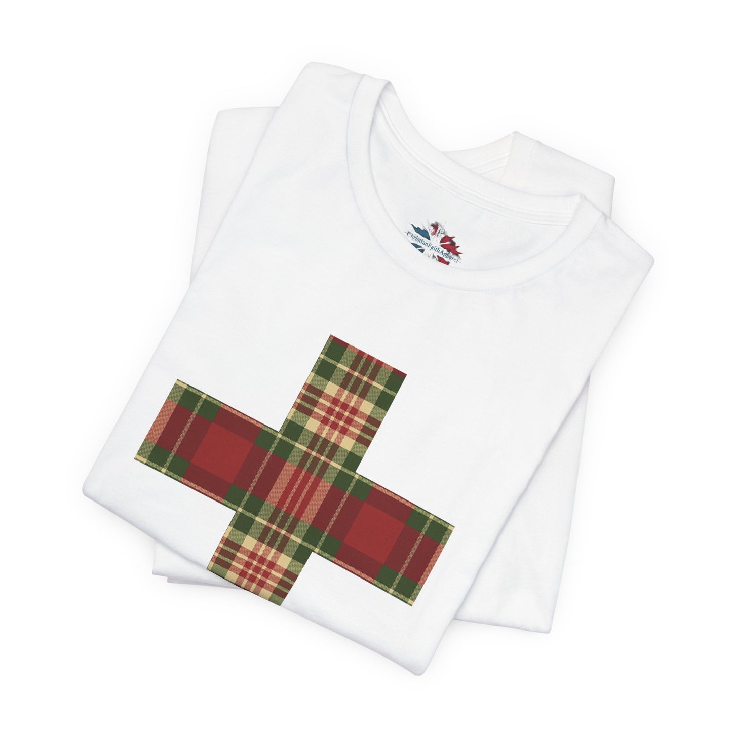Plaid Cross Christmas Tee – Rustic Faith Holiday T-Shirt