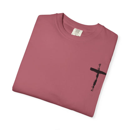 Men's white T-shirt with black cross and John 3:16 Bible verse, Christian faith apparel.

