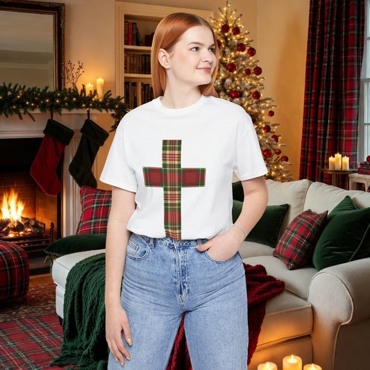Plaid Cross Christmas Tee – Rustic Faith Holiday T-Shirt