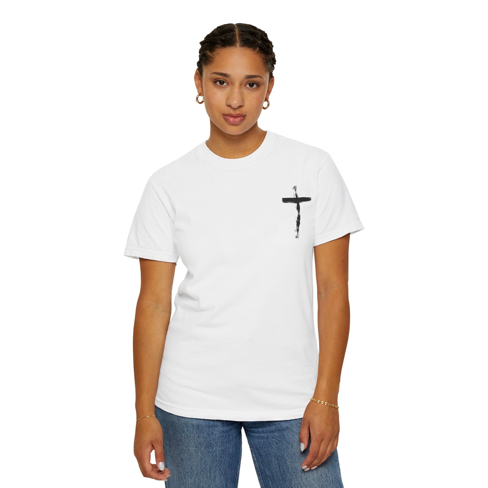 Men's white T-shirt with black cross and John 3:16 Bible verse, Christian faith apparel.

