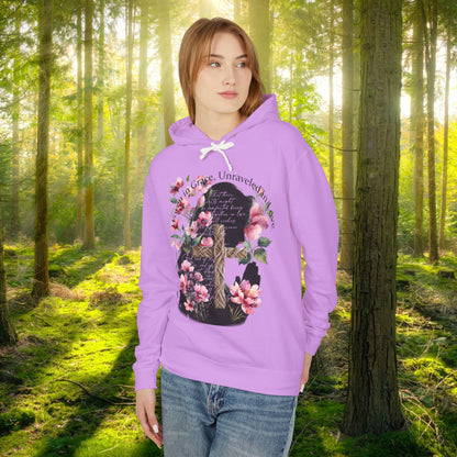 Woven in Grace Hoodie - Pink Floral Faith Verse Pullover with Cross & Prayer Silhouette