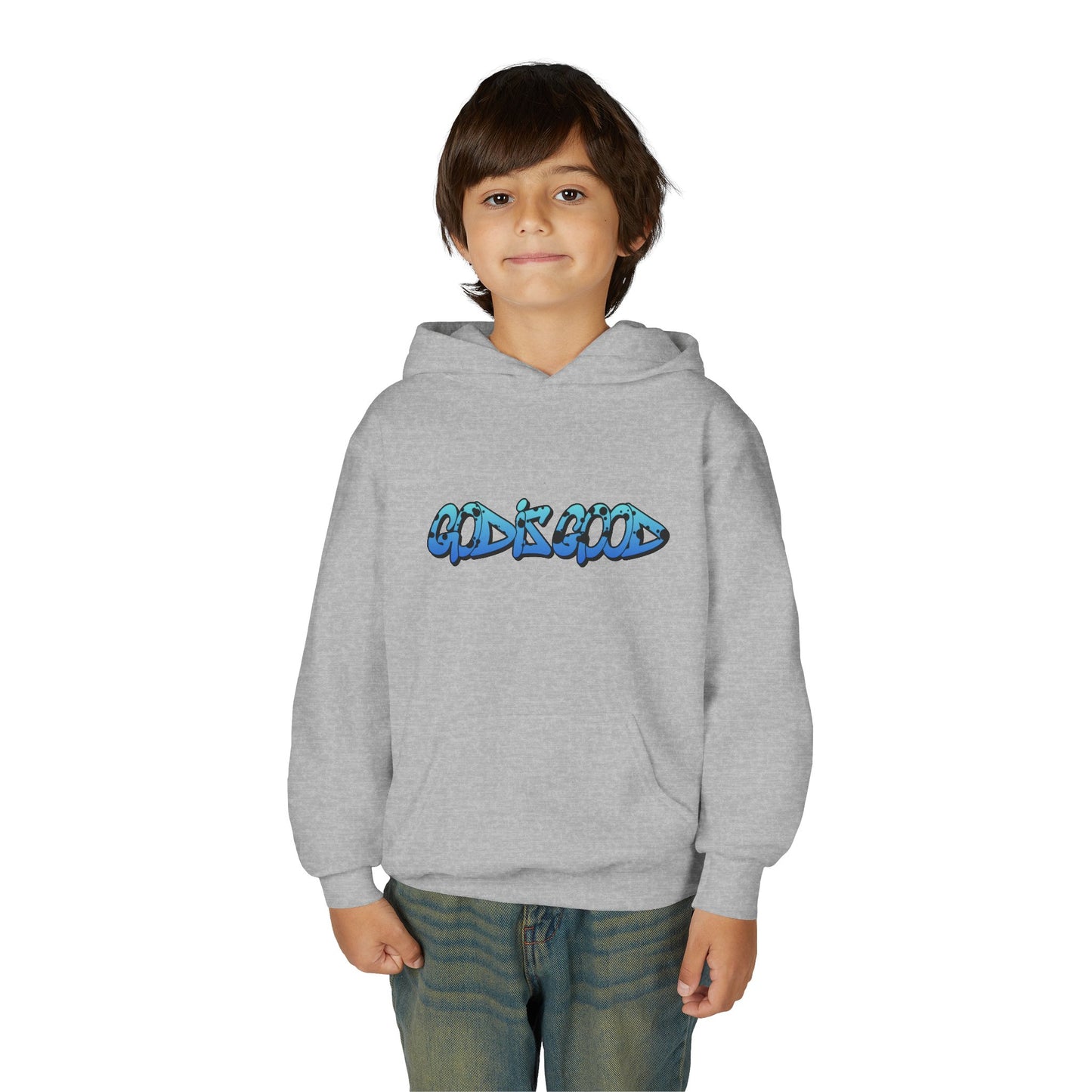 Youth black cotton hoodie with 'God is Good' text in bold white, Christian faith design for teens


