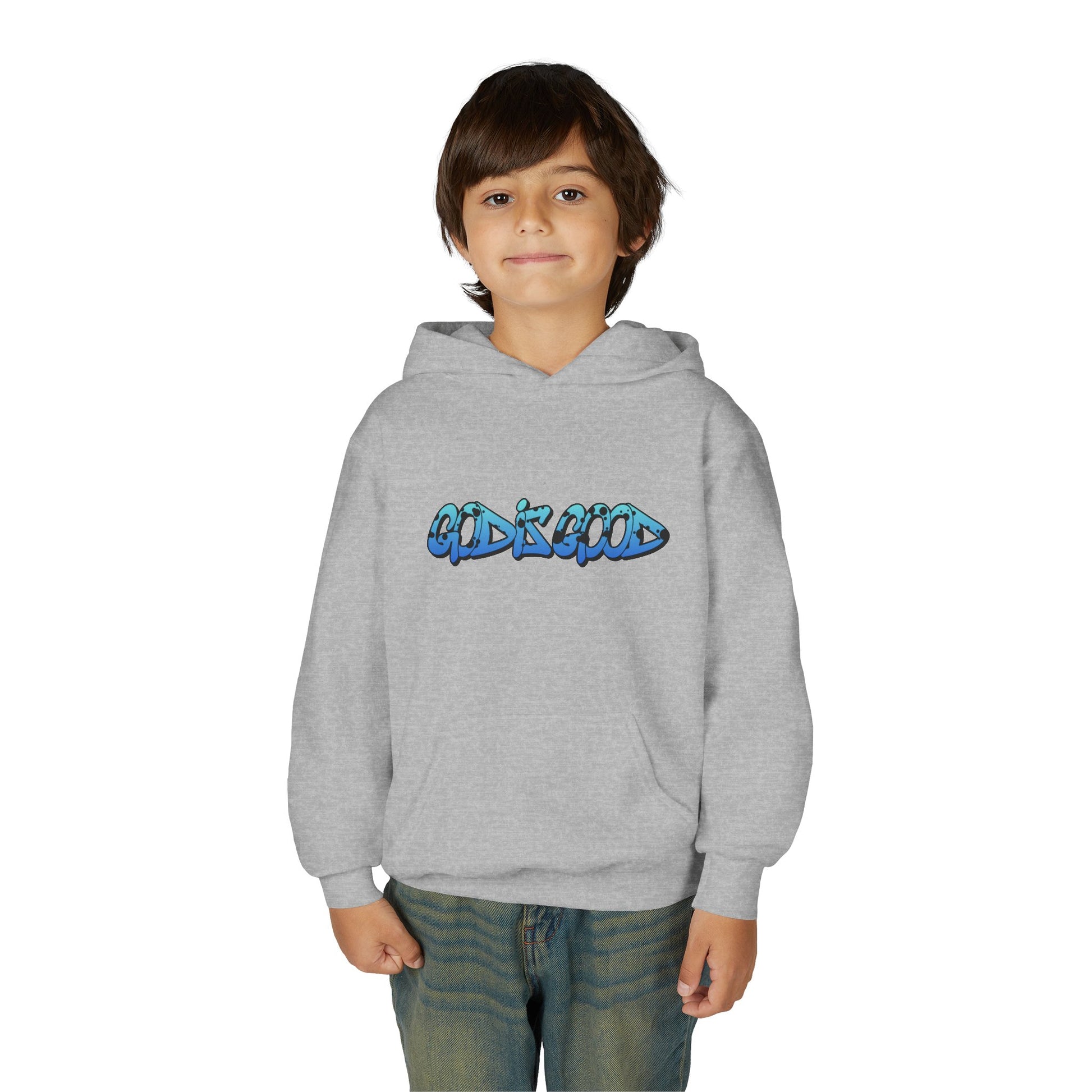 Youth black cotton hoodie with 'God is Good' text in bold white, Christian faith design for teens

