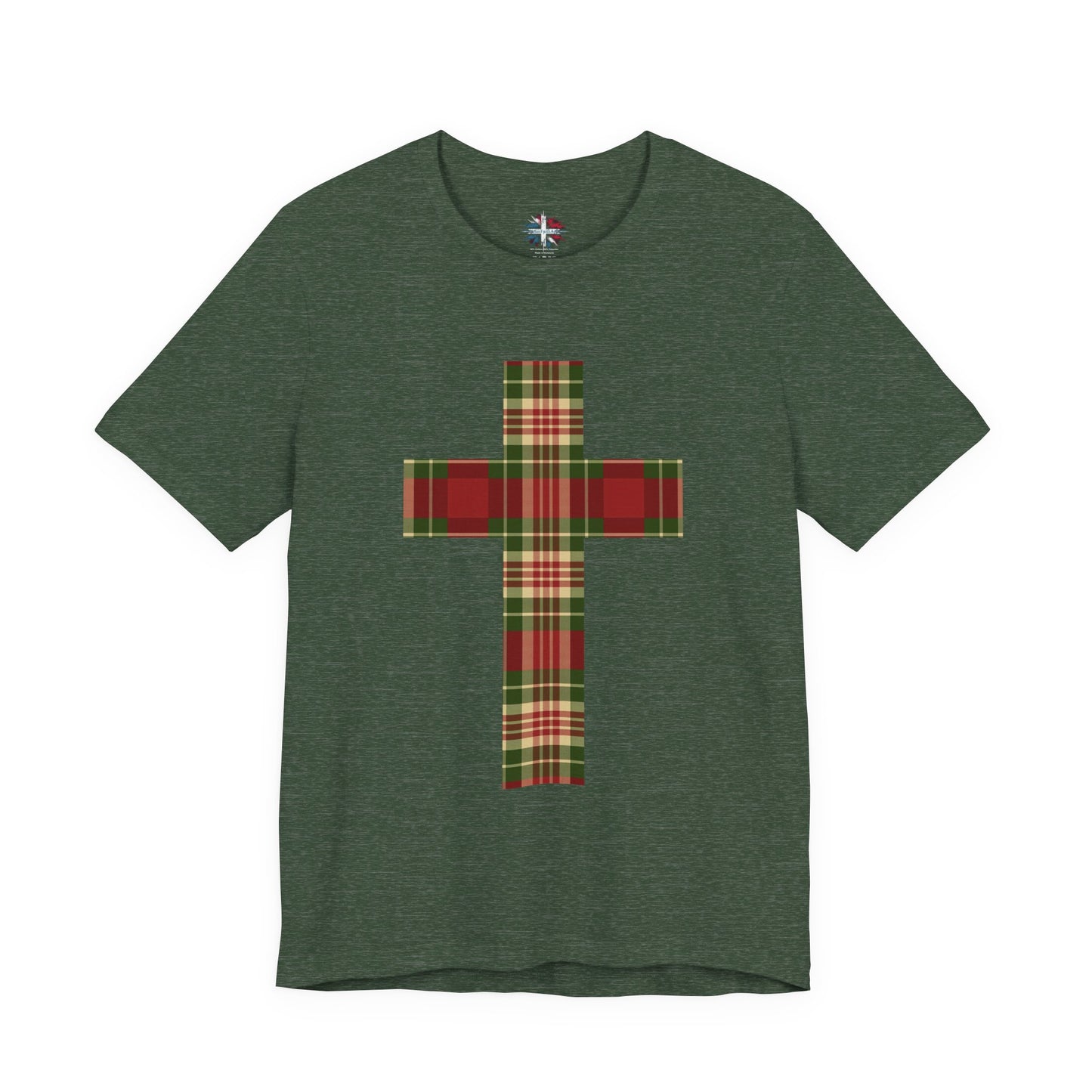 Plaid Cross Christmas Tee – Rustic Faith Holiday T-Shirt