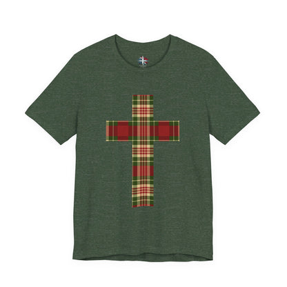 Plaid Cross Christmas Tee – Rustic Faith Holiday T-Shirt