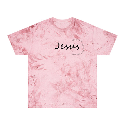 Pink tie-dye t-shirt with 'Jesus' printed on it against a white background
