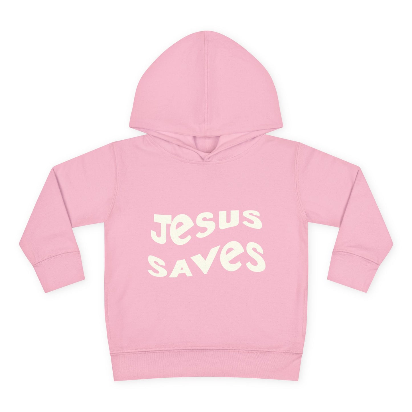 Kids' hoodie with 'Jesus Saves' text and cross graphic, vibrant Christian faith apparel for children.