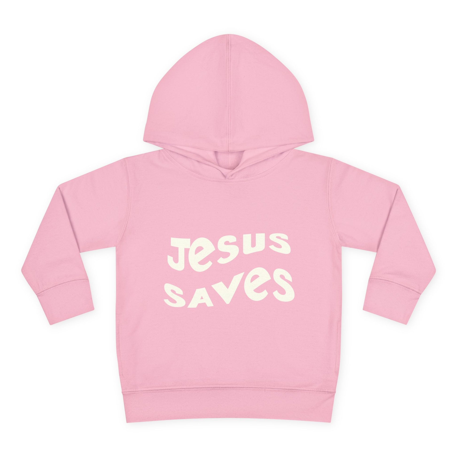 Kids' hoodie with 'Jesus Saves' text and cross graphic, vibrant Christian faith apparel for children.
