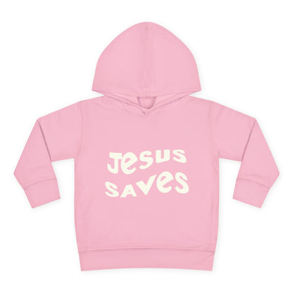 Kids' hoodie with 'Jesus Saves' text and cross graphic, vibrant Christian faith apparel for children.