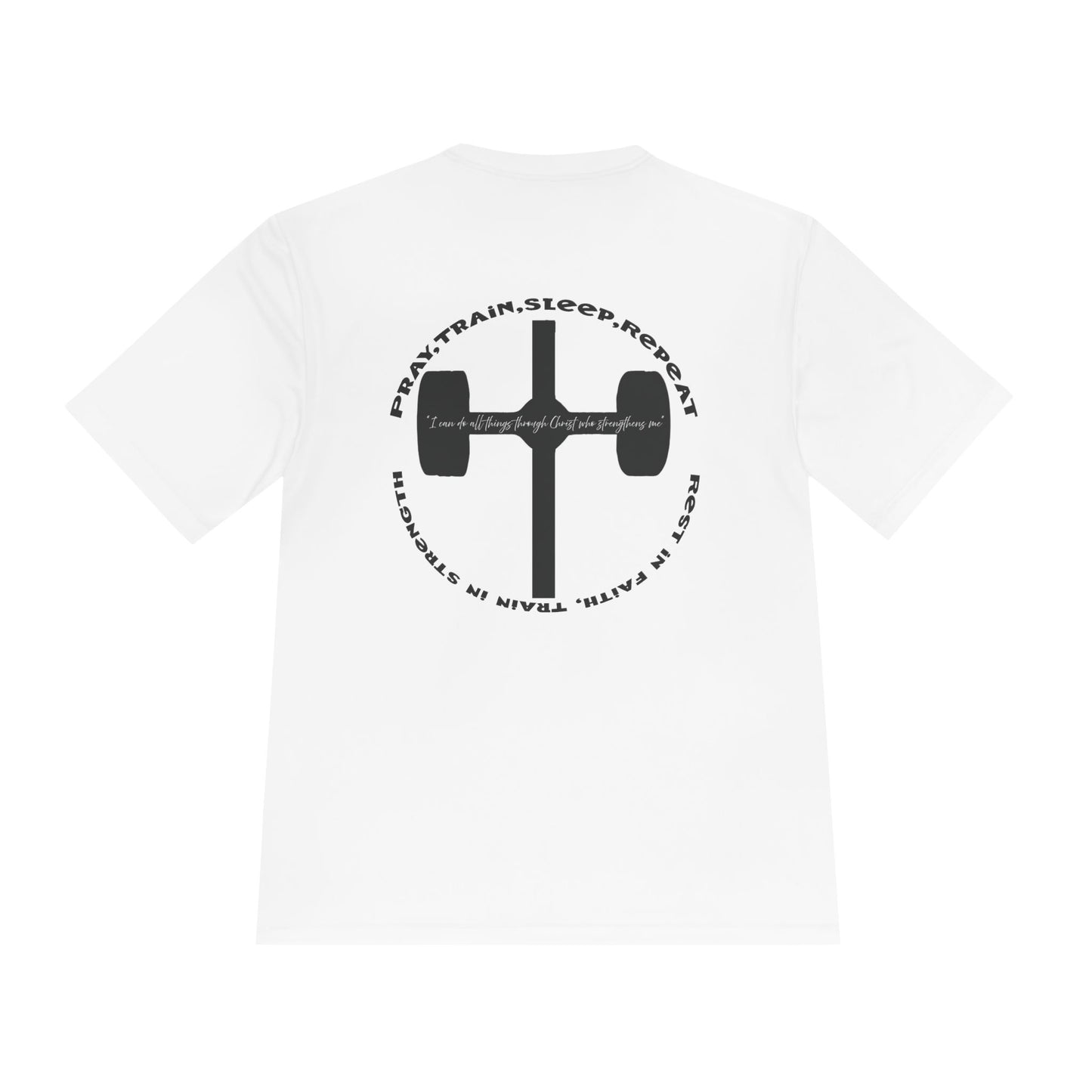 Men's black moisture-wicking performance tee with 'Pray, Train, Sleep, Repeat' text and barbell-cross graphic, Christian fitness apparel.

