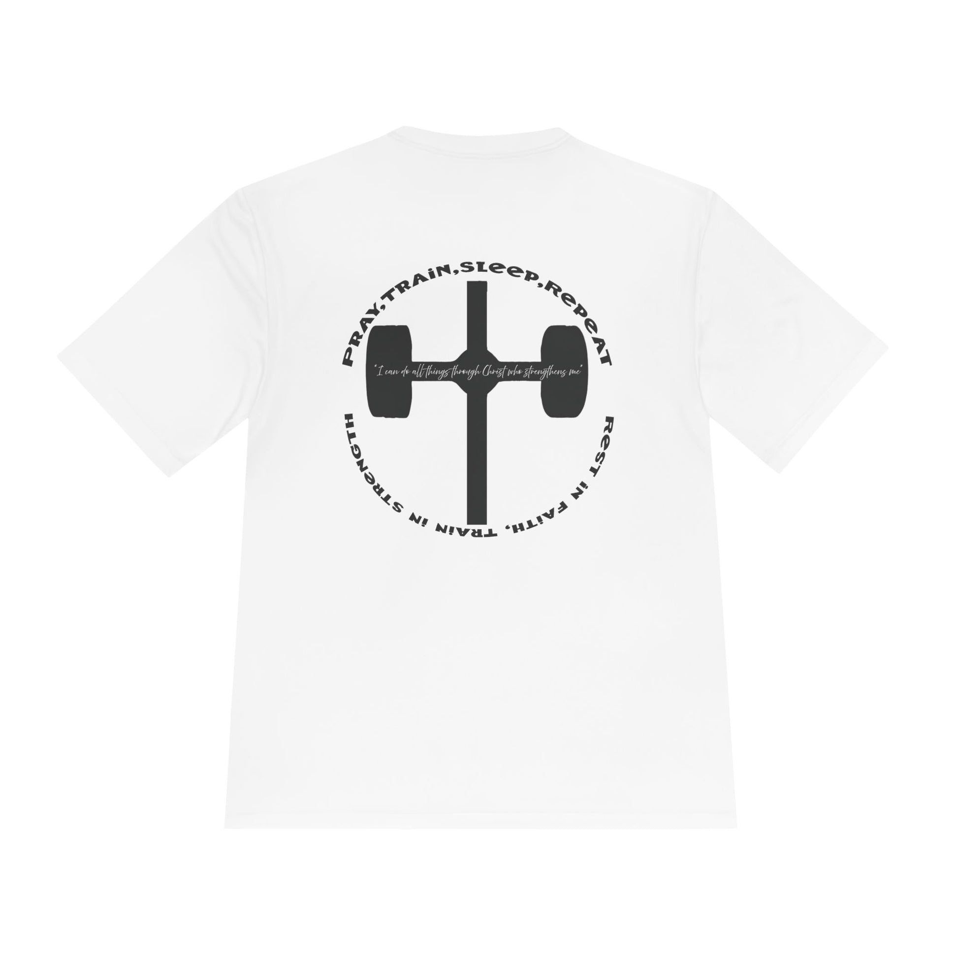 Men's black moisture-wicking performance tee with 'Pray, Train, Sleep, Repeat' text and barbell-cross graphic, Christian fitness apparel.

