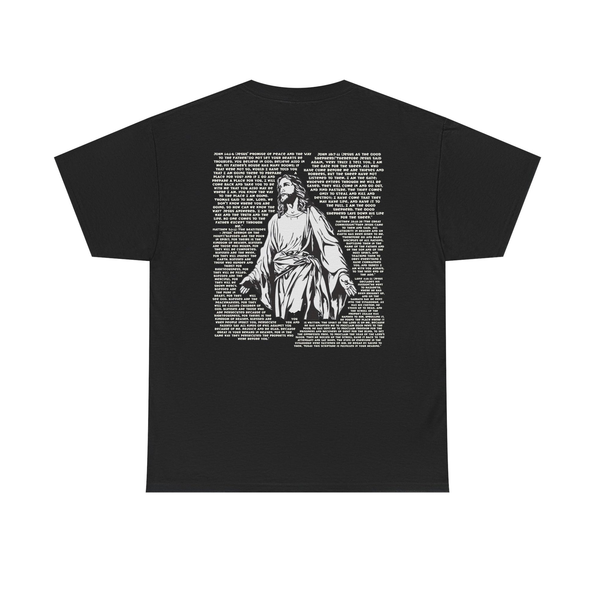 Men's black cotton T-shirt with white cross and John 3:16 Bible verse, Christian faith apparel.

