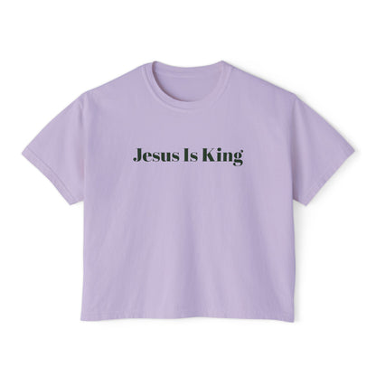 Lavender t-shirt with 'Jesus Is King' text on a white background