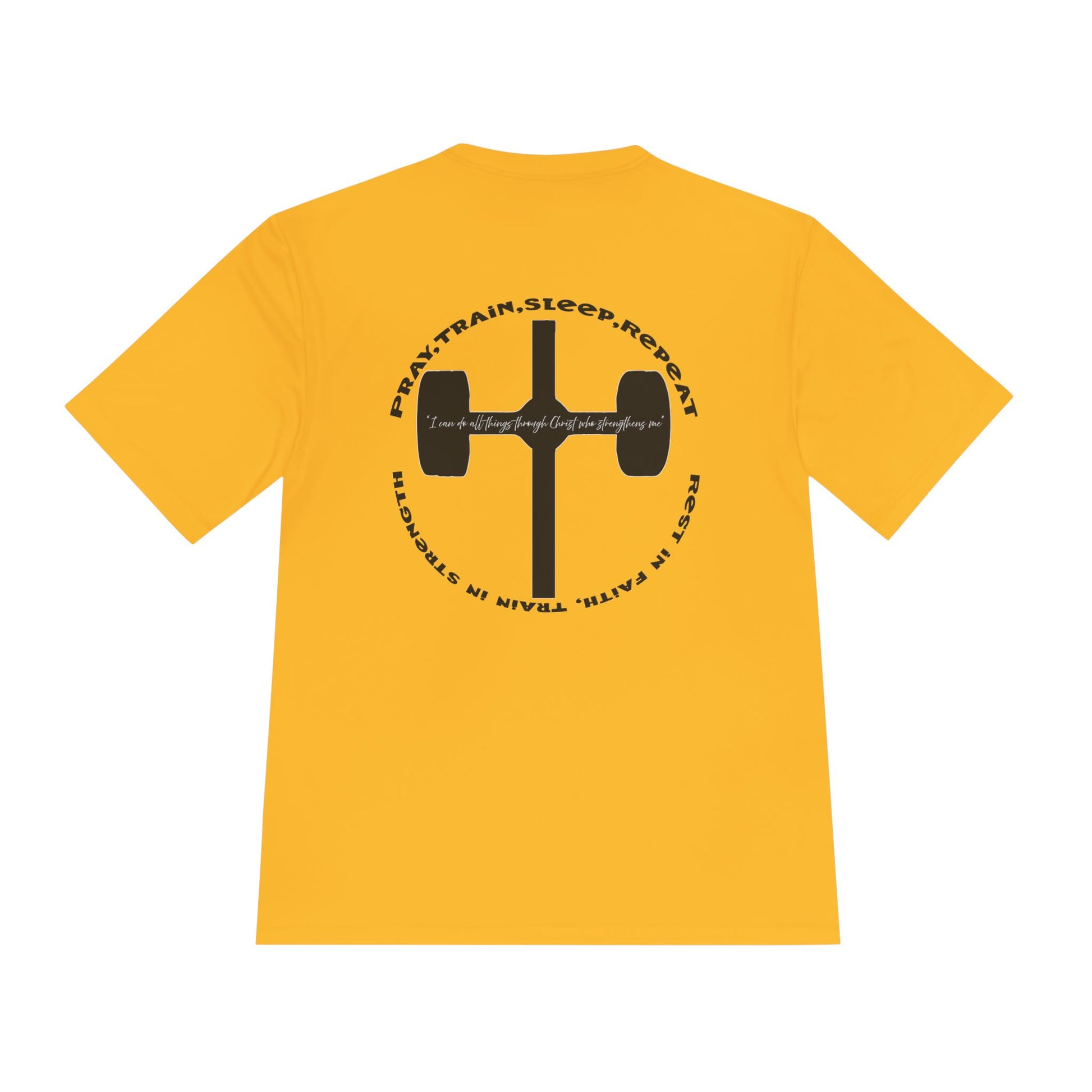 Men's black moisture-wicking performance tee with 'Pray, Train, Sleep, Repeat' text and barbell-cross graphic, Christian fitness apparel.

