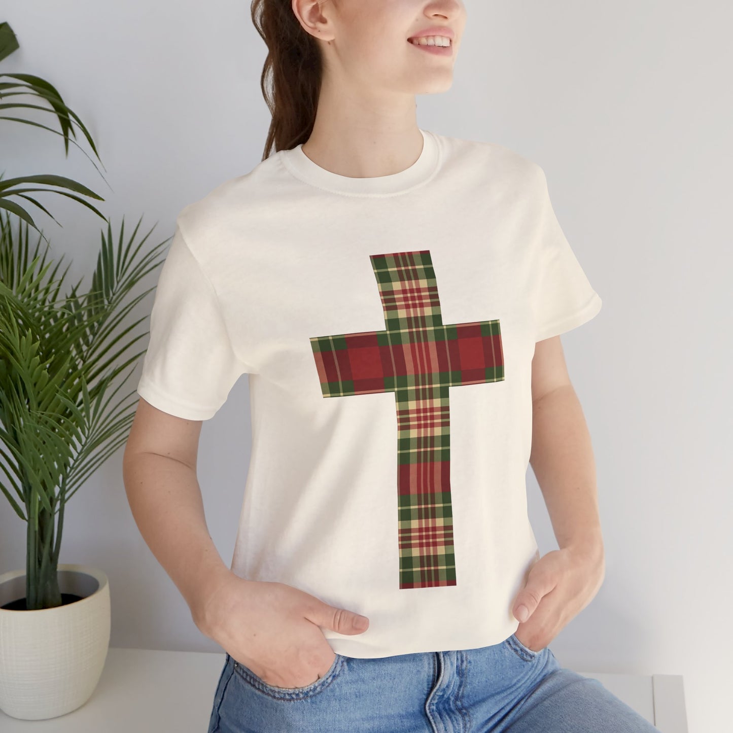 Plaid Cross Christmas Tee – Rustic Faith Holiday T-Shirt