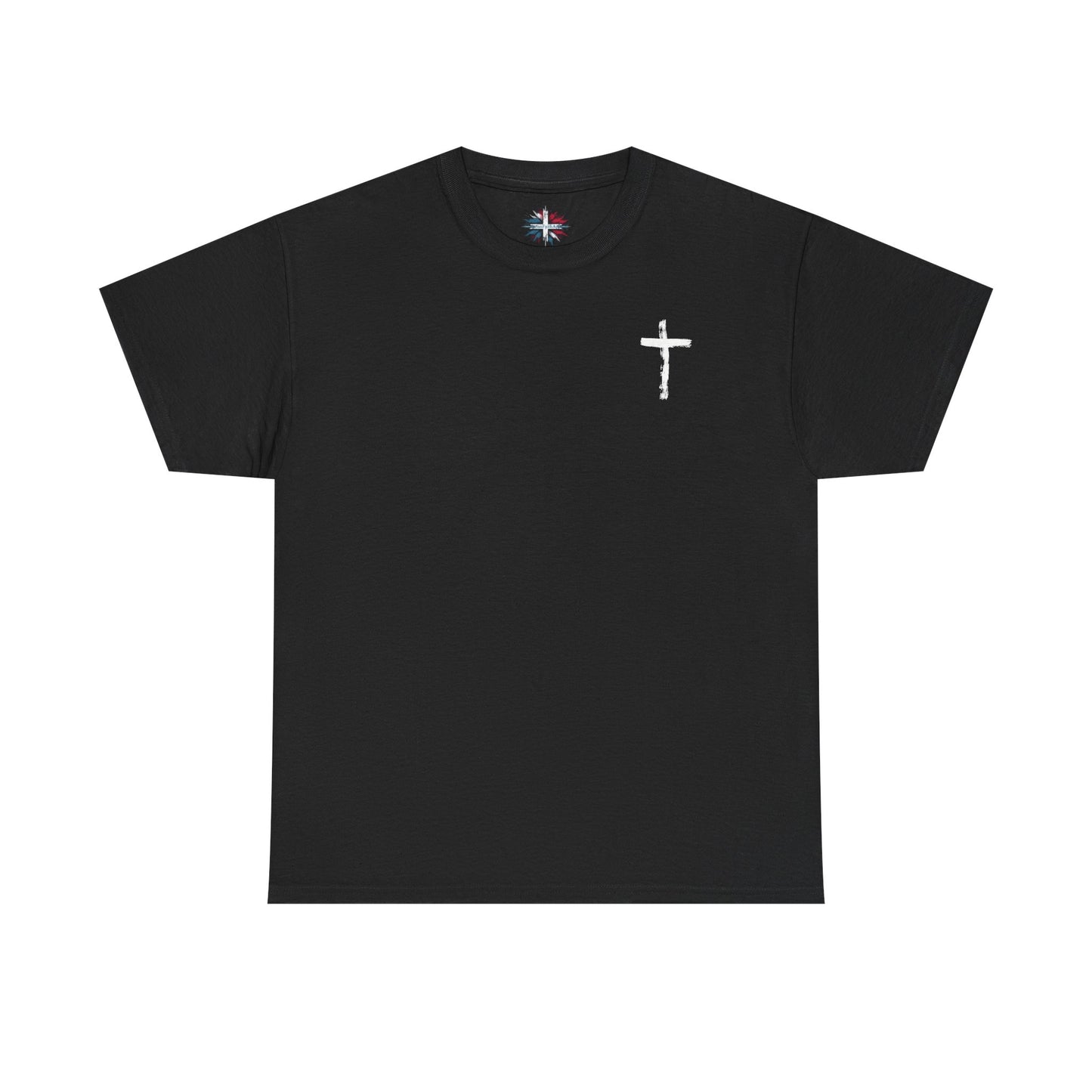 Men's black cotton T-shirt with white cross and John 3:16 Bible verse, Christian faith apparel.

