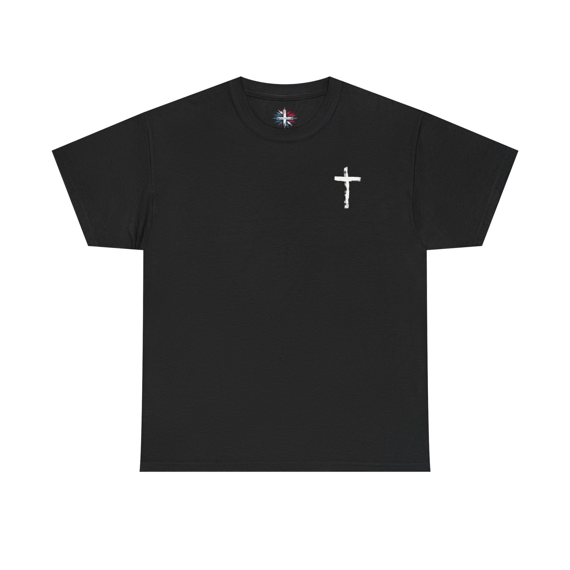 Men's black cotton T-shirt with white cross and John 3:16 Bible verse, Christian faith apparel.

