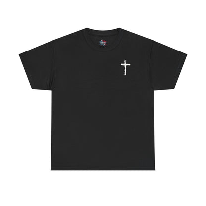 Men's black cotton T-shirt with white cross and John 3:16 Bible verse, Christian faith apparel.

