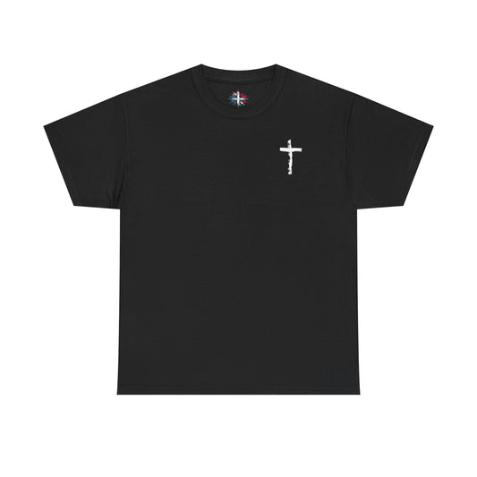 Men's black cotton T-shirt with white cross and John 3:16 Bible verse, Christian faith apparel.

