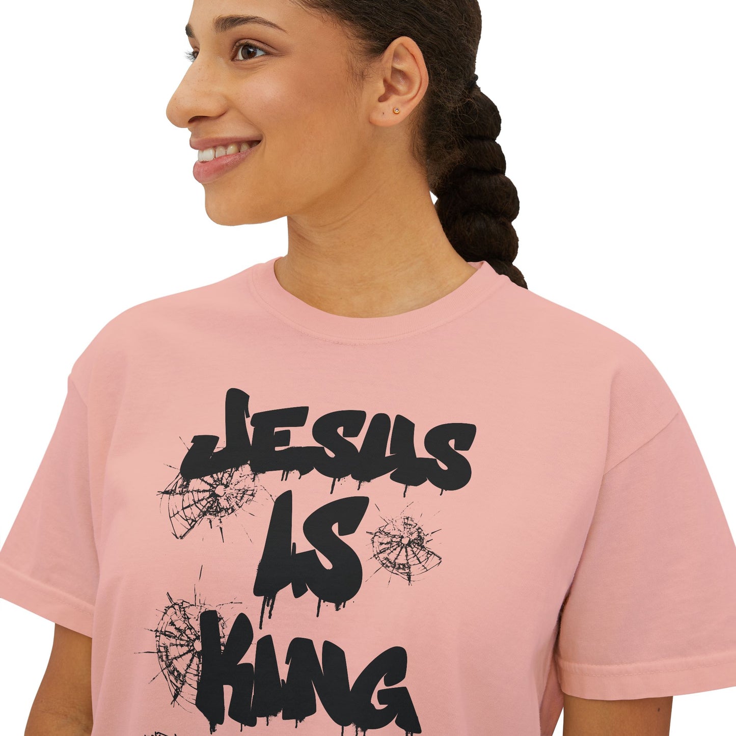 Warrior in Jesus Is King pink tee repping forgiven and dangerous faith

