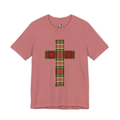 Plaid Cross Christmas Tee – Rustic Faith Holiday T-Shirt