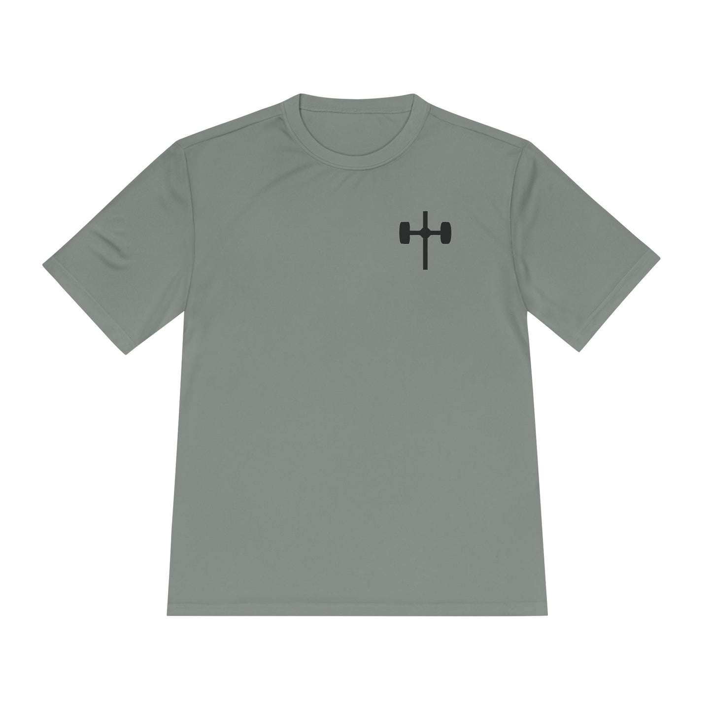 Men's black moisture-wicking performance tee with 'Pray, Train, Sleep, Repeat' text and barbell-cross graphic, Christian fitness apparel.

