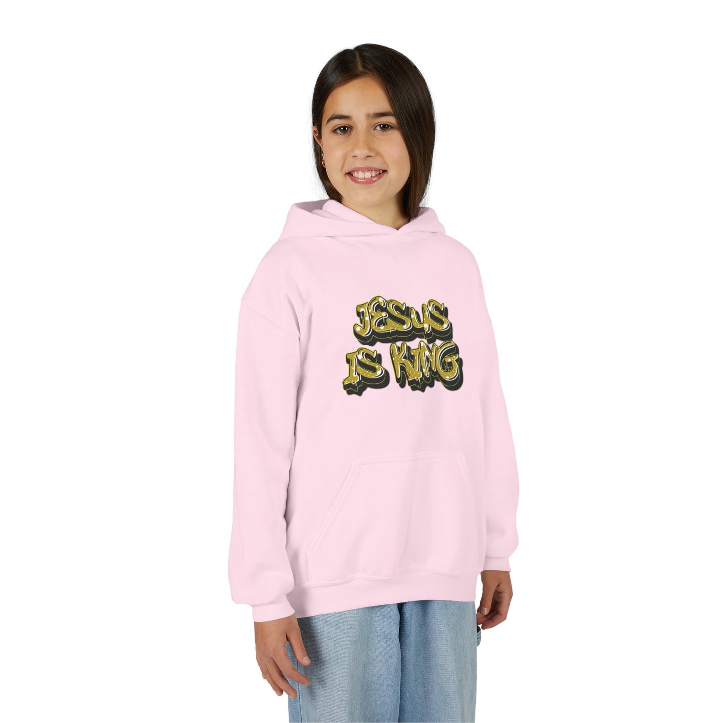 Youth gold on black 'Jesus Is King' hoodie, urban Christian apparel for young believers.


