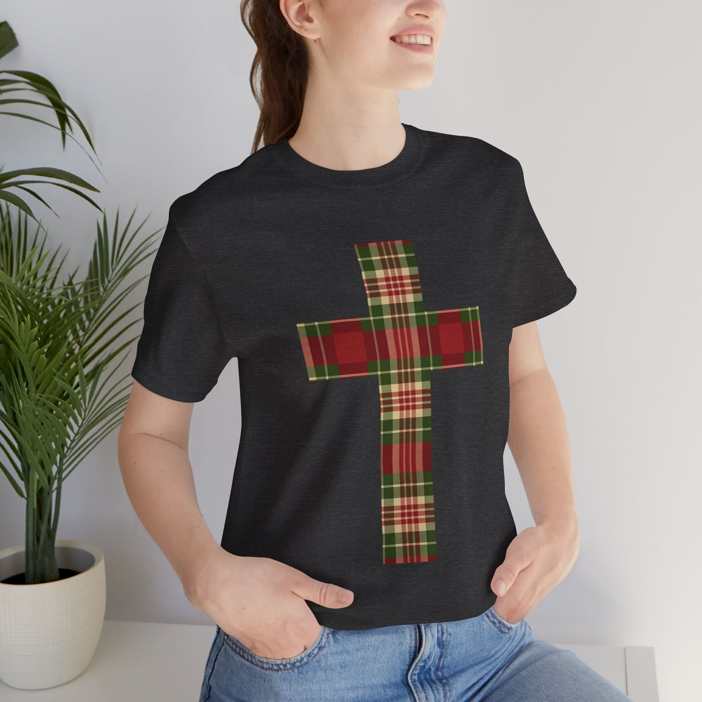 Plaid Cross Christmas Tee – Rustic Faith Holiday T-Shirt