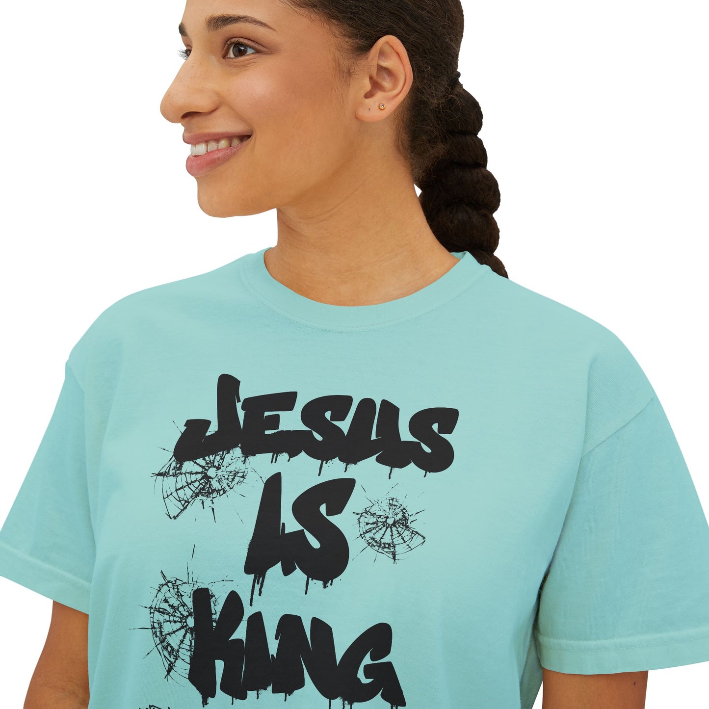 Warrior in Jesus Is King pink tee repping forgiven and dangerous faith

